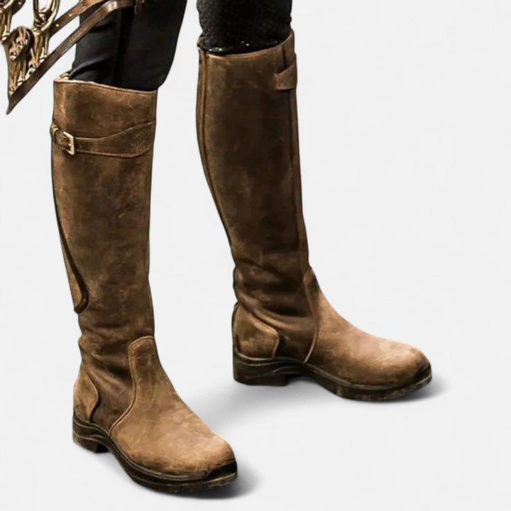 Maison Dresson | Women’s Knee-High PU Leather Heel Boots – “Angel Baby” Motif