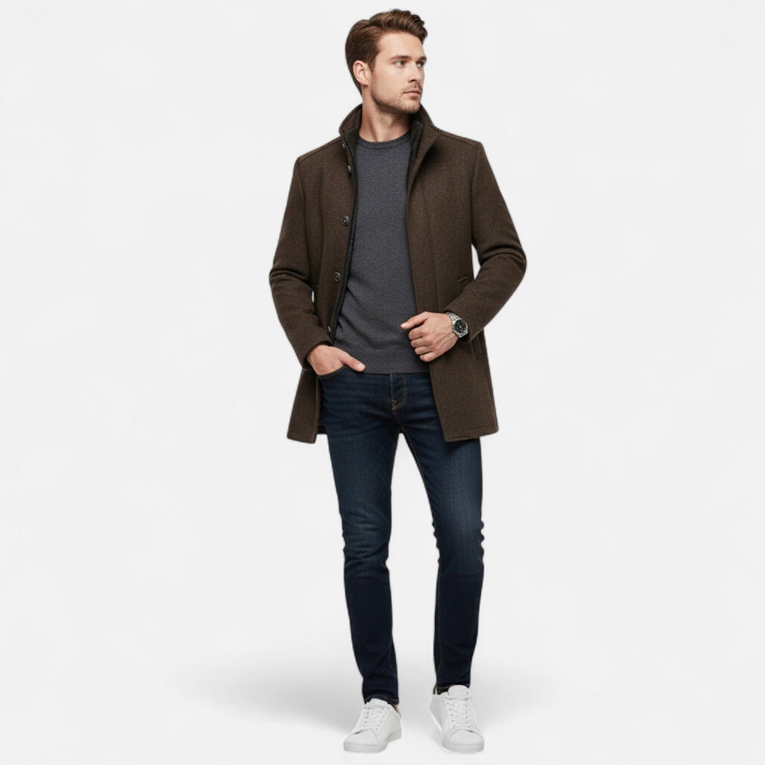 Andrew | Long Wool Overcoat with Vest Panel